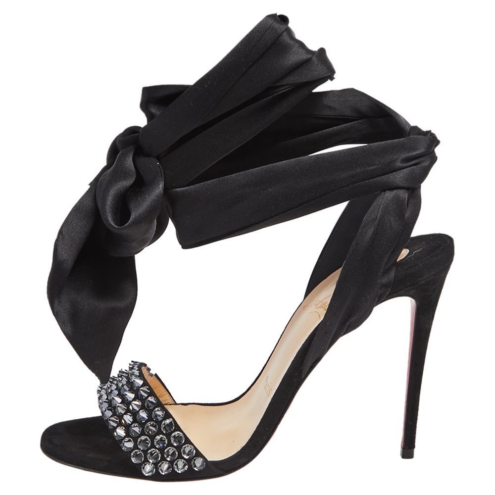 

Christian Louboutin Black Satin Du Dessert Crystals Ankle Wrap Sandals Size