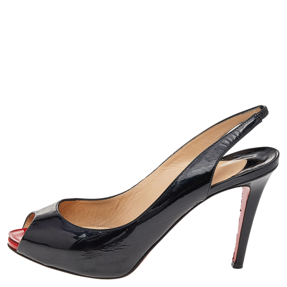 

Christian Louboutin Black Patent Leather Private Number Peep Toe Slingback Sandals Size