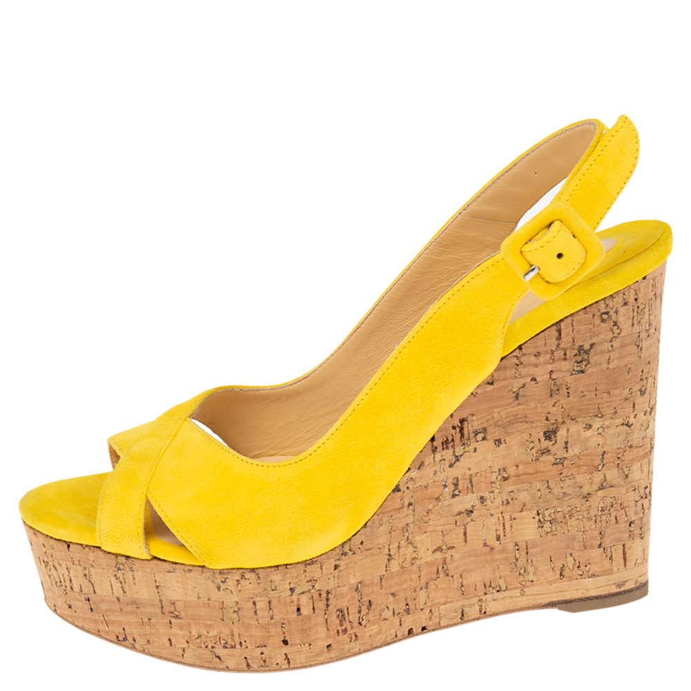 

Christian Louboutin Yellow Suede Wedge Slingback Sandals Size