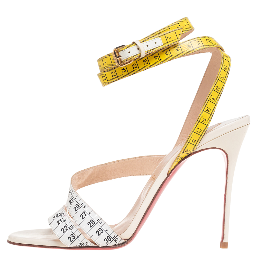 

Christian Louboutin White/Yellow Leather Measuring Tape Ankle Strap Sandals Size