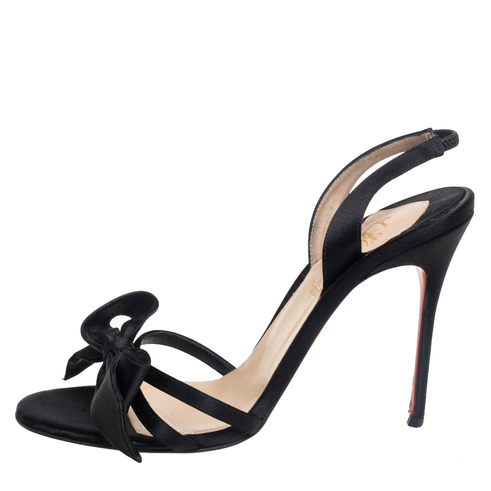 

Christian Louboutin Black Satin Bow Slingback Open Toe Ankle Strap Sandals Size