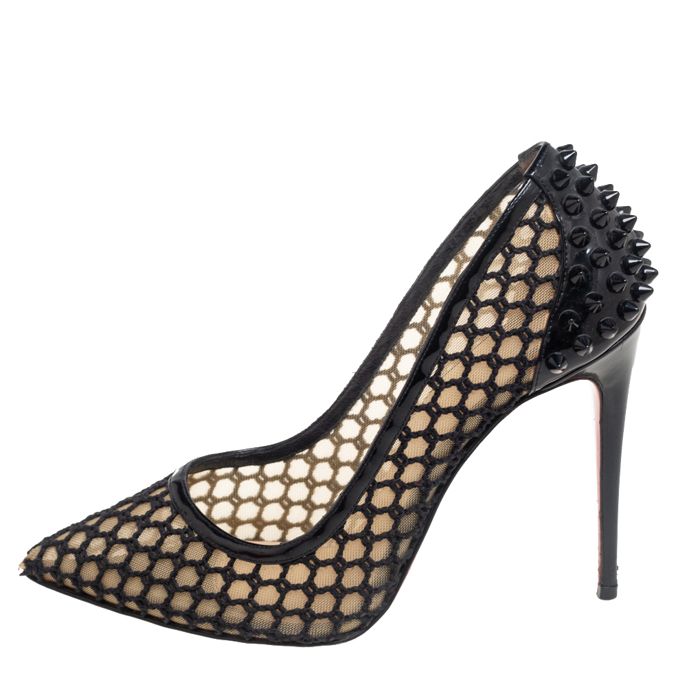 

Christian Louboutin Black/Beige Mesh and Patent Leather Spike Embellished Guni Pointed Toe Pumps Size