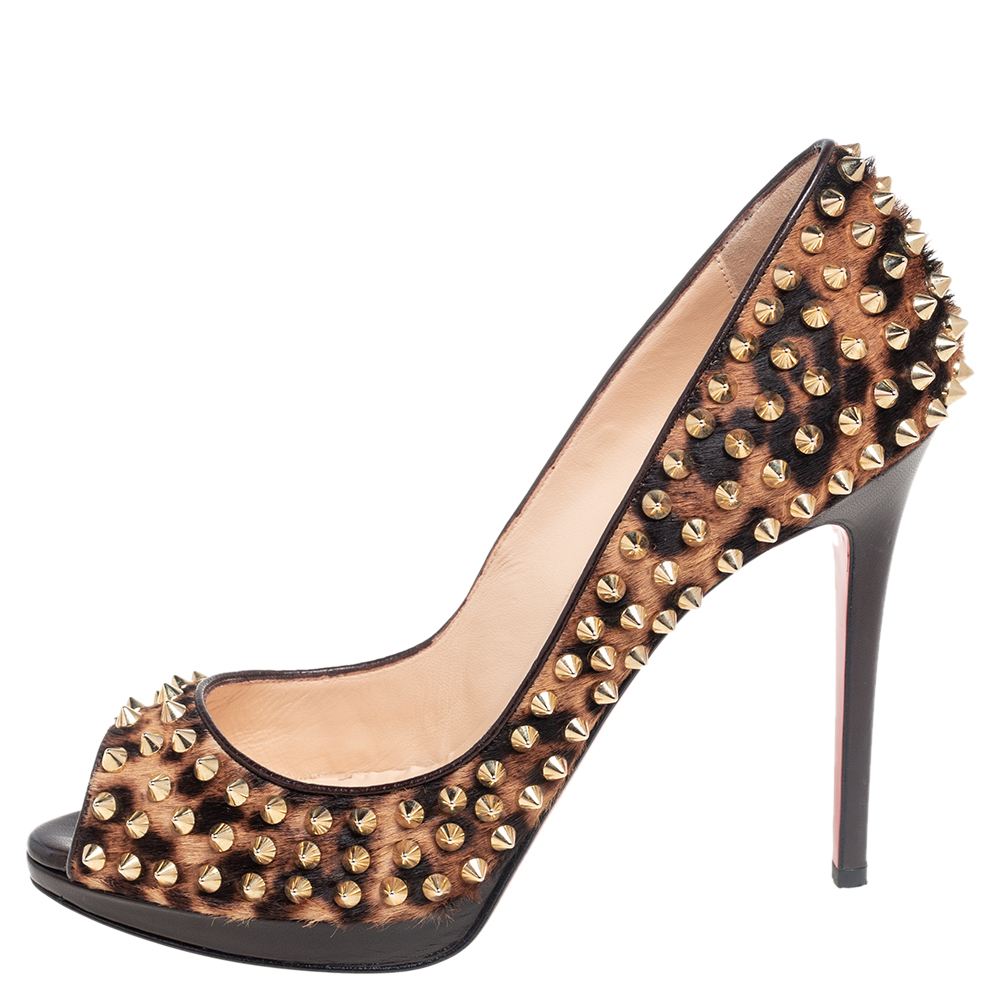 

Christian Louboutin Brown Leopard Print Calfhair Yolanda Spiked Peep Toe Pumps Size