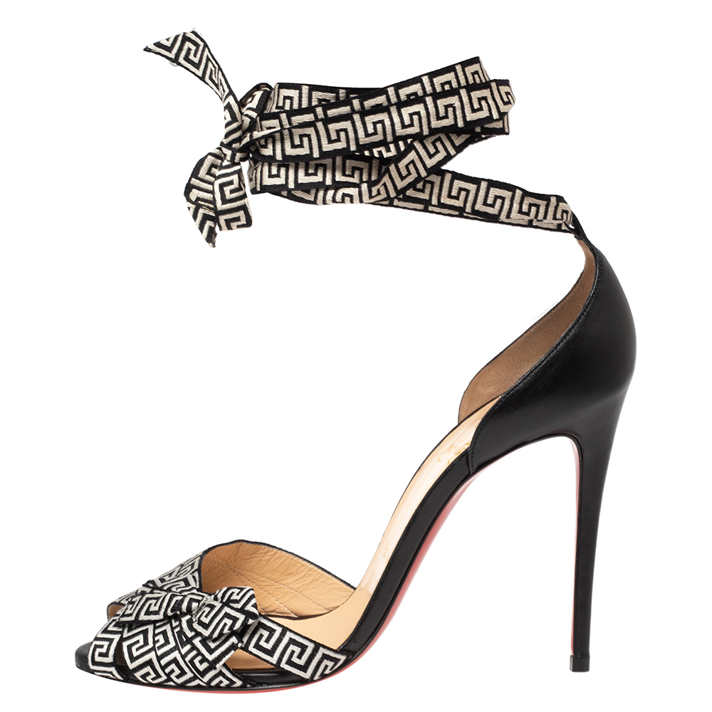 

Christian Louboutin Black/Monochrome Leather And Fabric Christeriva Ankle Wrap Sandals Size