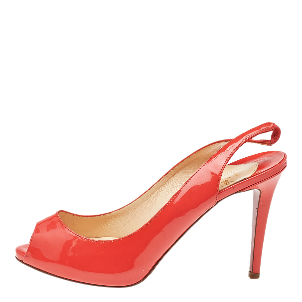 

Christian Louboutin Orange Patent Leather Peep Toe Sling Back Sandals Size