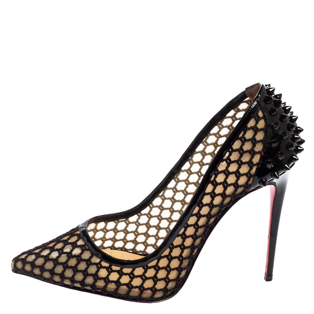 

Christian Louboutin Black Mesh And Patent Leather Spike Embellished Guni Pointed Toe Pumps Size