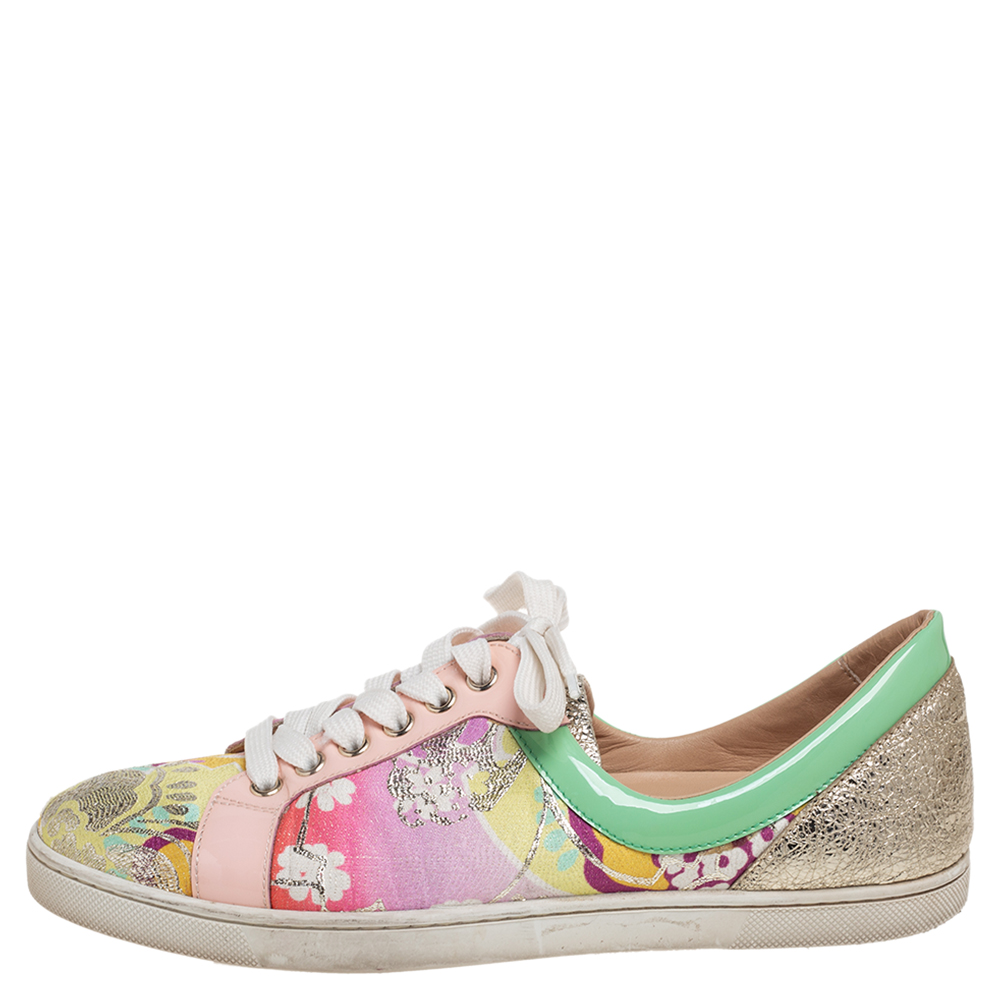 

Christian Louboutin Multicolor Floral Printed Fabric, and Patent Leather Tissu Kyoto Flamingirl Low Top Sneakers Size