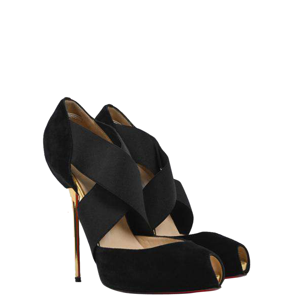 

Christian Louboutin Black Velvet Leather Elastic Peep Toe Pumps Size EU