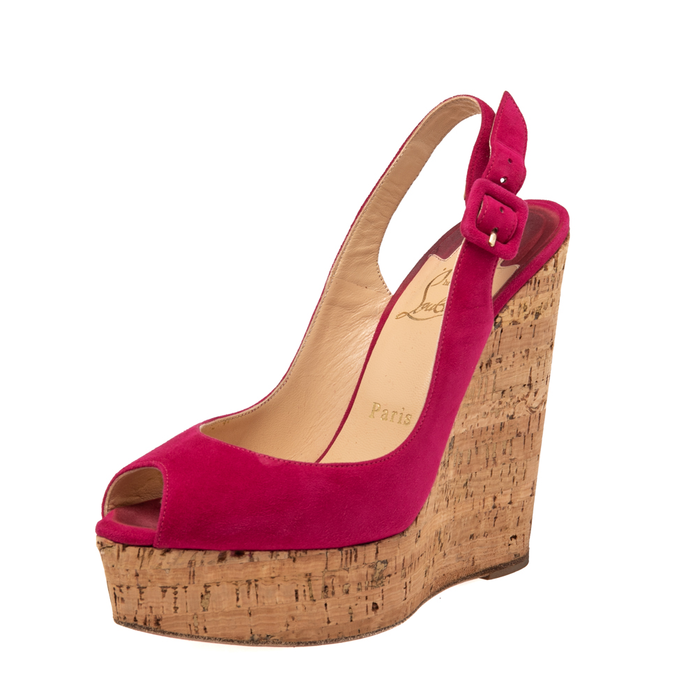 

Christian Louboutin Red Suede Une Plume Peep Toe Slingback Cork Wedges Size, Blue