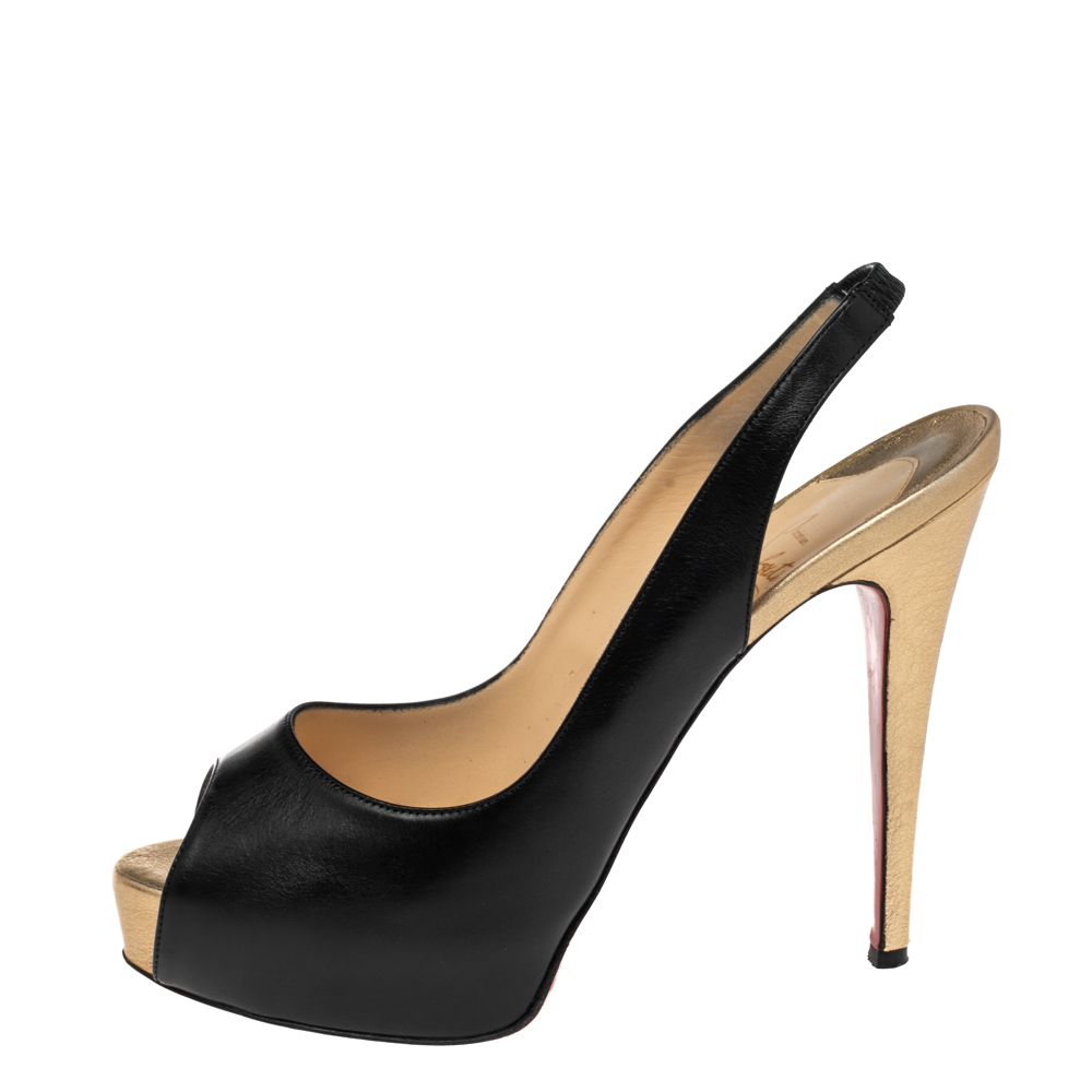 

Christian Louboutin Black Leather Lady Peep Toe Slingback Platform Sandals Size