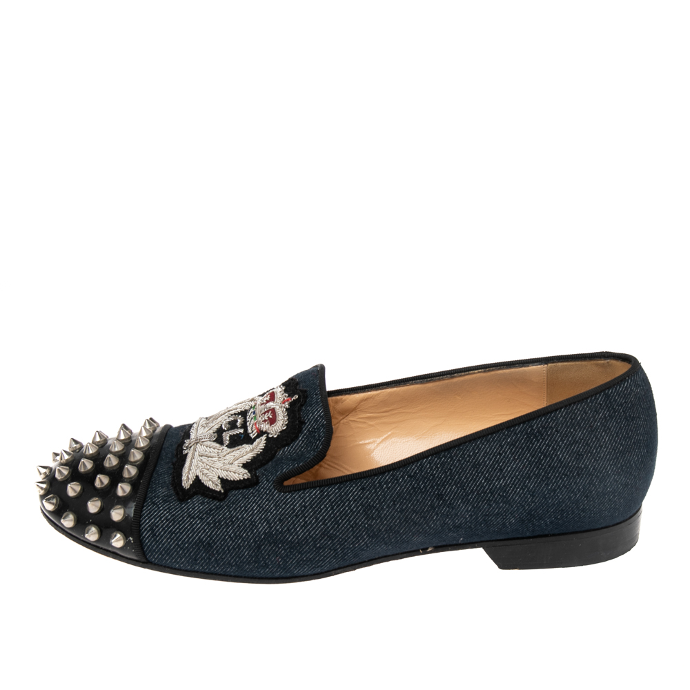 

Christian Louboutin Blue Denim And Patent Leather Harvanana Spiked Smoking Slippers Size