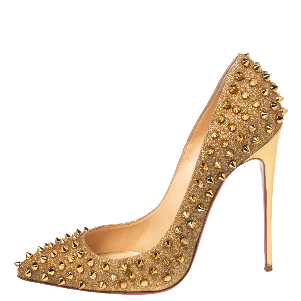 

Christian Louboutin Shimmery Gold Glitter Pigalle Spikes Pumps Size