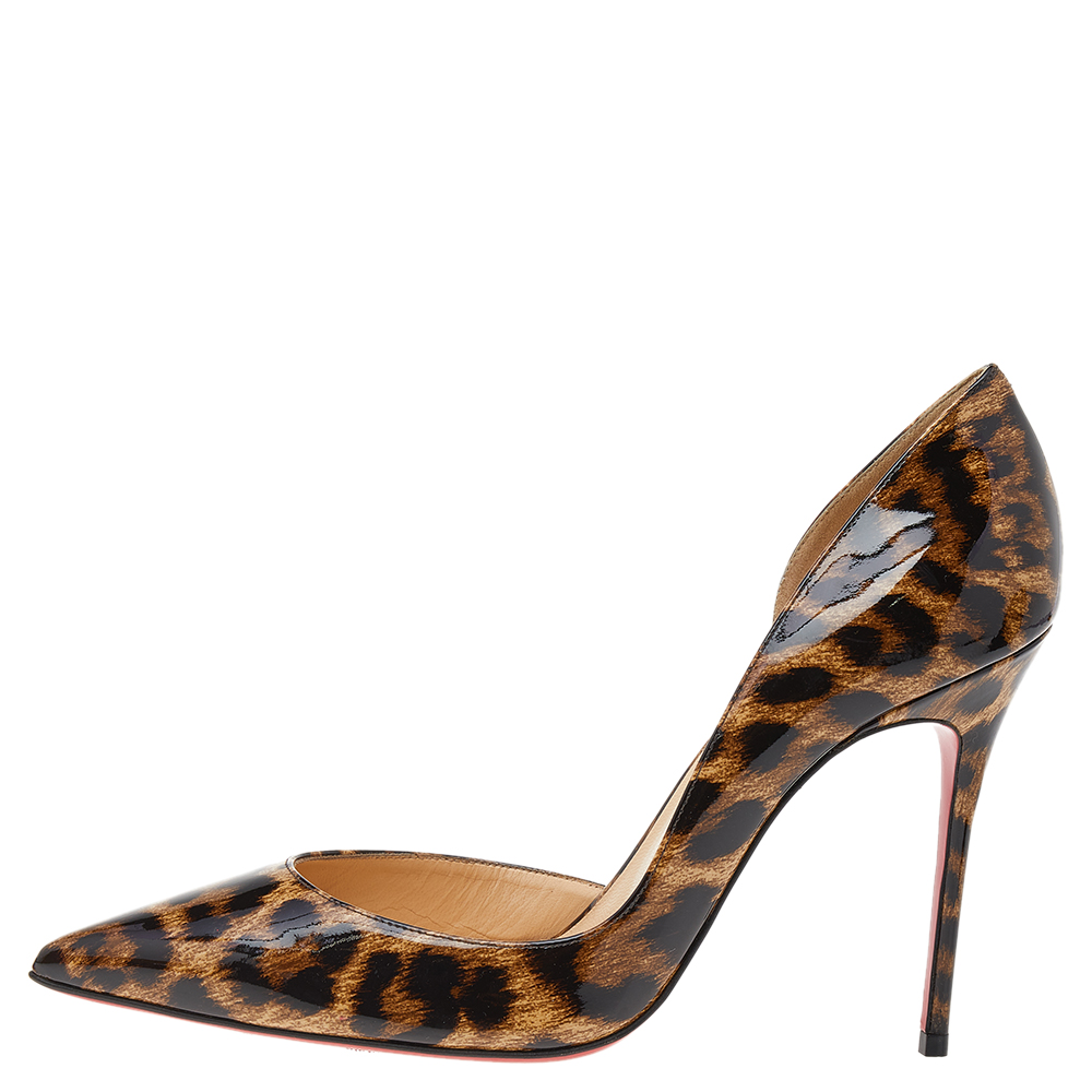 

Christian Louboutin Brown Leopard Print Patent Leather Iriza Pointed Toe D'orsay Pumps Size