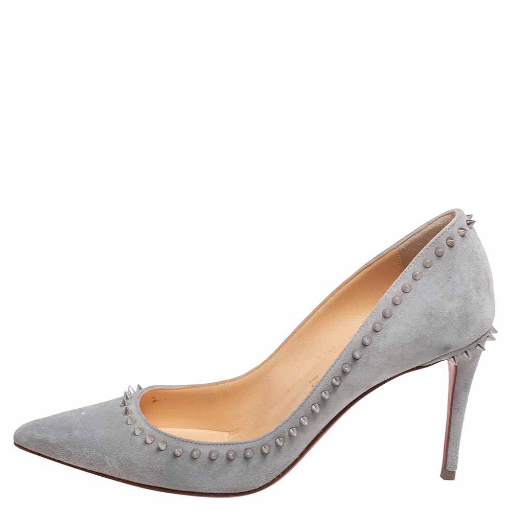 

Christian Louboutin Grey Suede Anjalina Spike Trim Pointed Toe Pumps Size