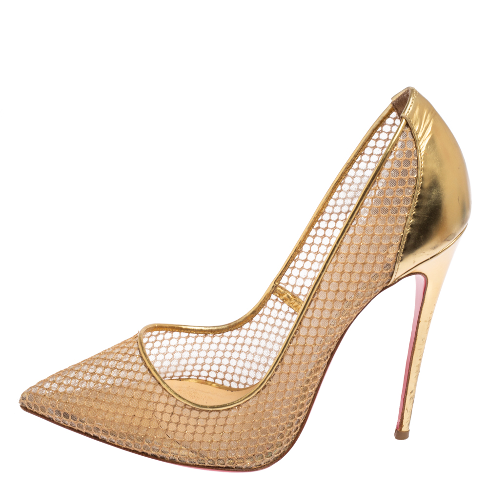 

Christian Louboutin Metallic Gold Mesh and Leather Follies Resille Pointed Toe Pumps Size