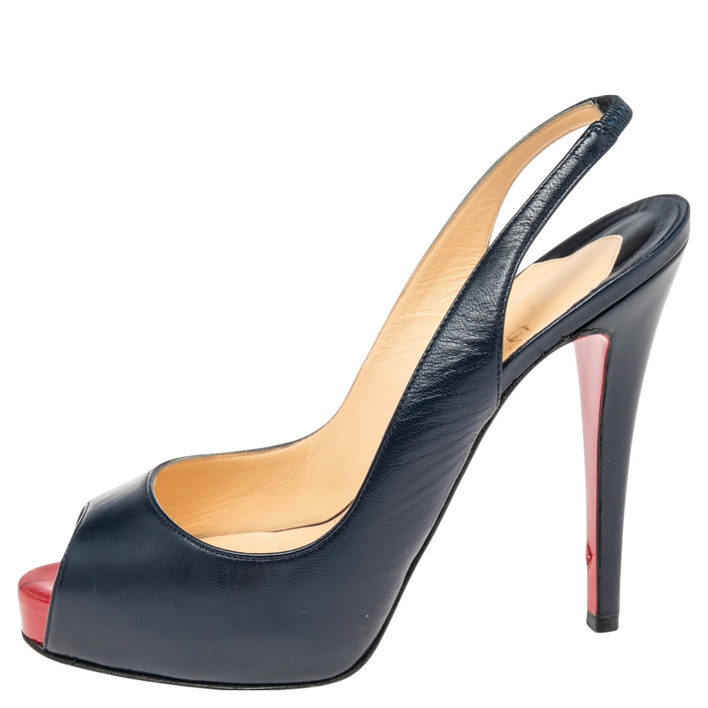 

Christian Louboutin Navy Blue Leather Private Number Platform Slingback Sandals Size, Black