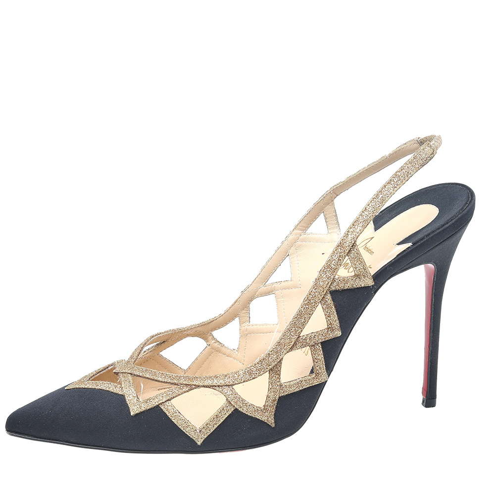 

Christian Louboutin Black/Gold Satin And Glitter Patterned Slingback Sandals Size