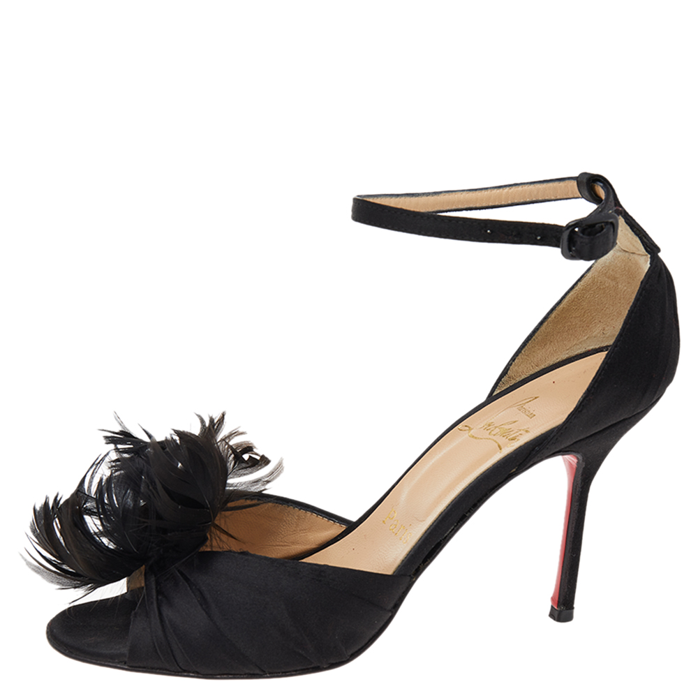 

Christian Louboutin Black Satin Feather Rosazissimo Ankle Strap Sandals Size