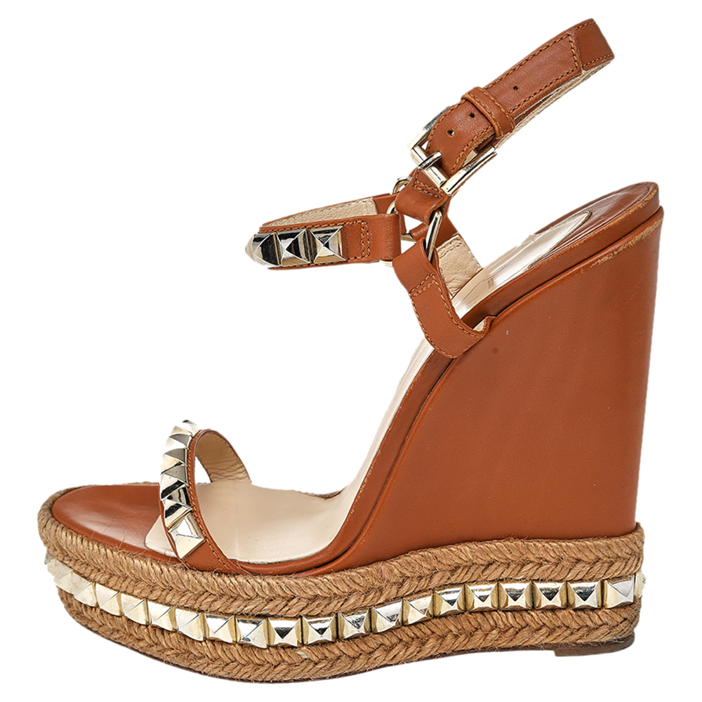 

Christian Louboutin Brown Studded Leather Cataclou Wedge Platform Espadrille Sandals Size