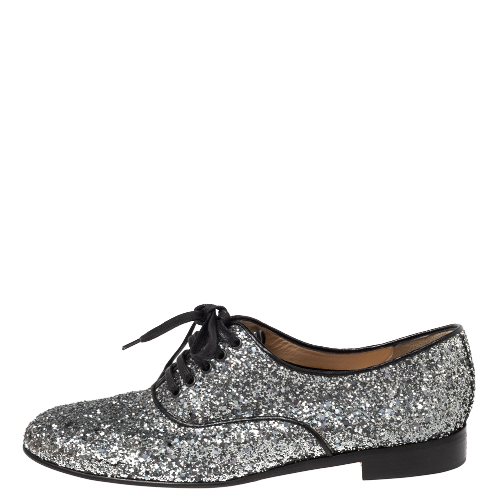 

Christian Louboutin Silver Glitter Fred Lace Up Oxfords Size