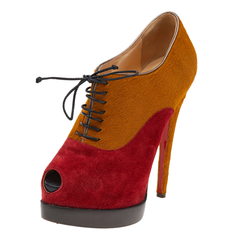 

Christian Louboutin Yellow/Red Pony Hair And Suede Miss Poppins Peep Toe Platform Booties Size