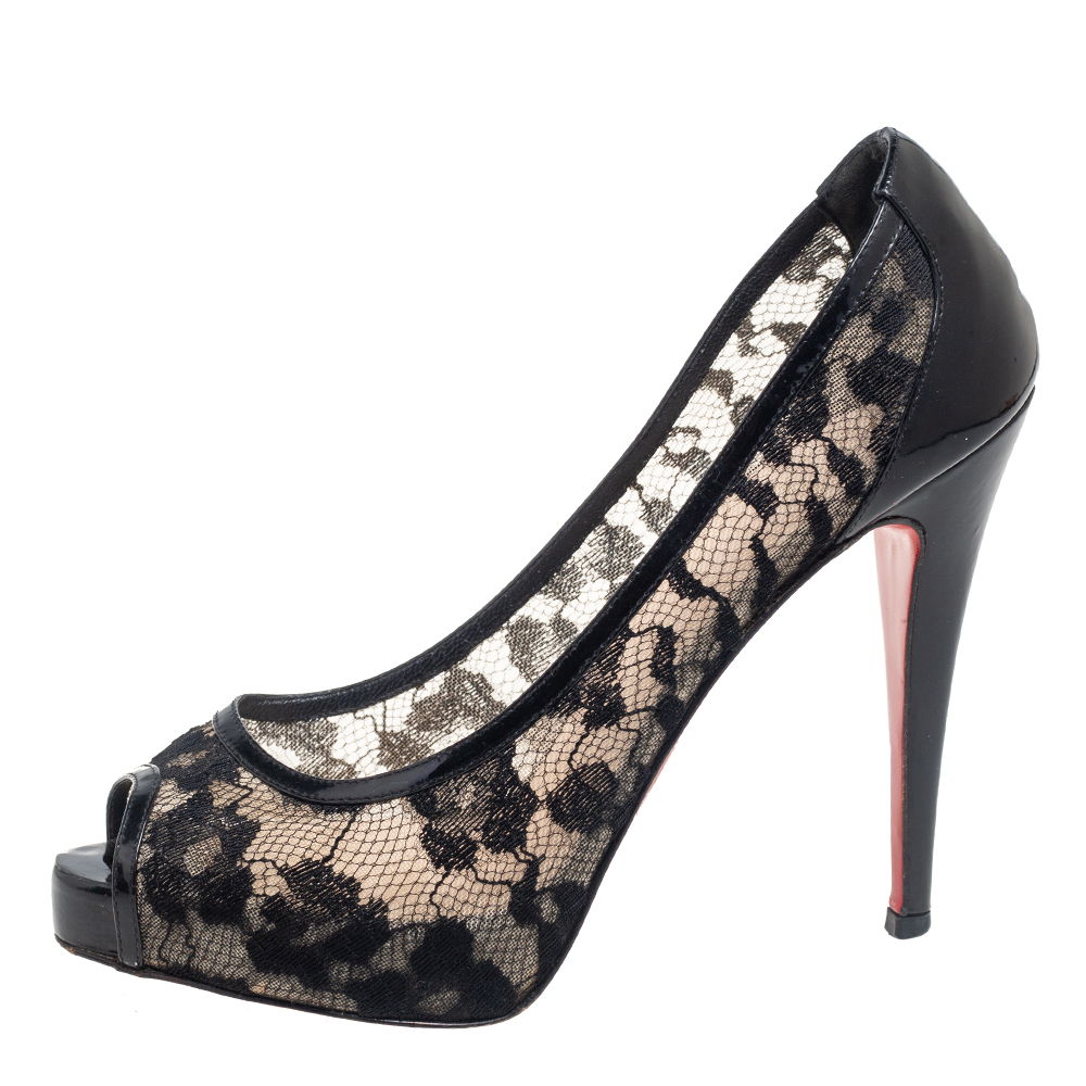 

Christian Louboutin Black Lace Very Prive Platform Pumps Size
