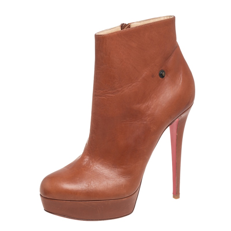 

Christian Louboutin Brown Leather Armony Ankle Boots with Removable Blue Denim Cuffs Size