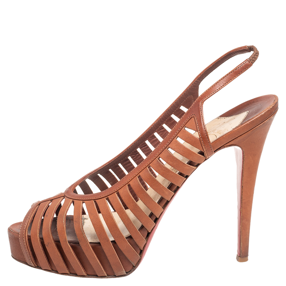 

Christian Louboutin Tan Leather Buchon Strappy Platform Sandals Size