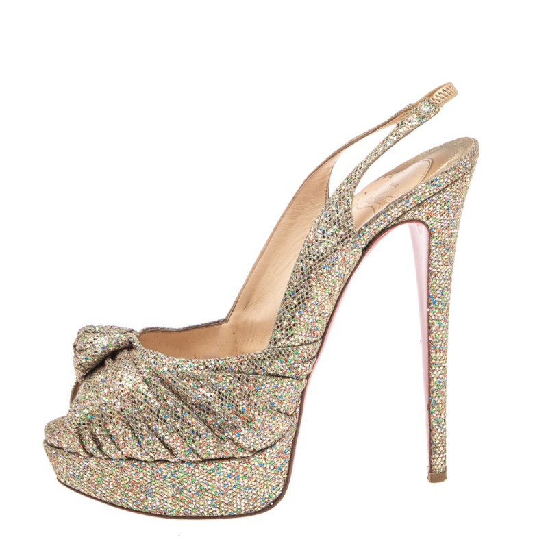 

Christian Louboutin Gold Glitter Fabric Jenny Platform Sandals Size