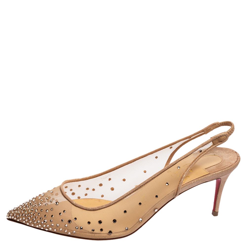 

Christian Louboutin Beige Mesh Follies Strass Slingback Pumps Size