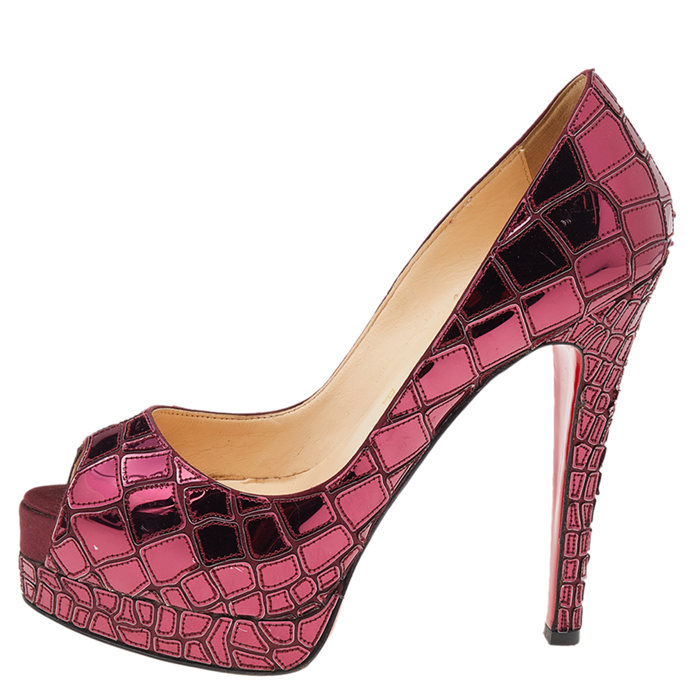 

Christian Louboutin Burgundy Sobek 140 Mosaic Peep Toe Pumps Size