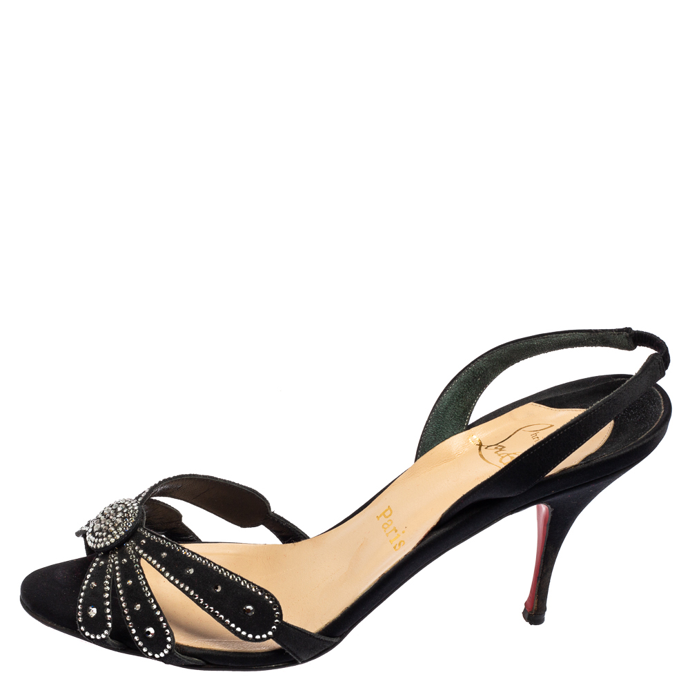 

Christian Louboutin Black Satin Crystals Embellished Slingback Sandals Size