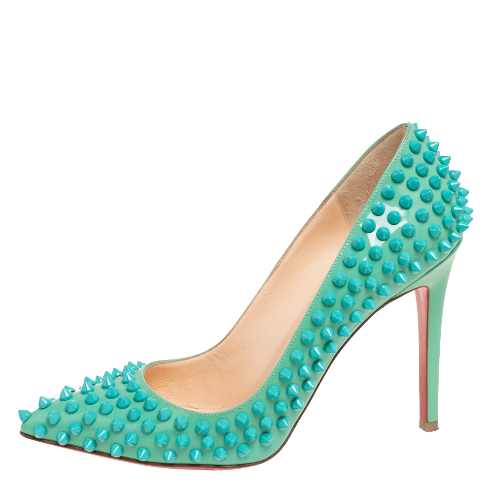 

Christian Louboutin Mint Green Patent Leather Pigalle Follies Spikes Pumps Size