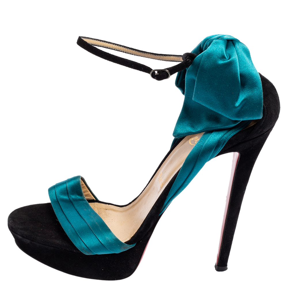 

Christian Louboutin Turquoise Blue Satin And Suede Bow Vampanodo Sandals Size
