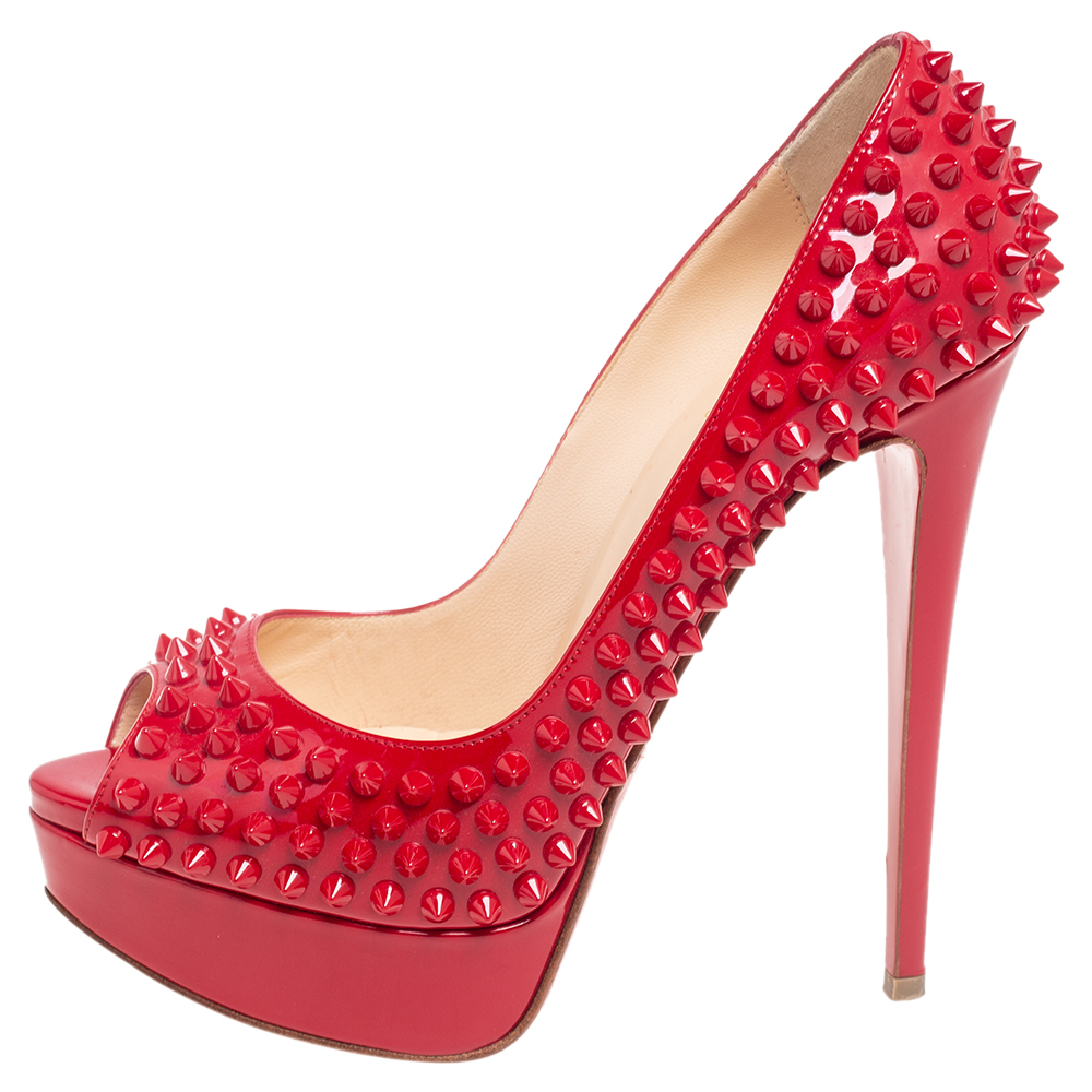 

Christian Louboutin Red Patent Leather Lady Peep-Toe Spike Platform Pumps Size