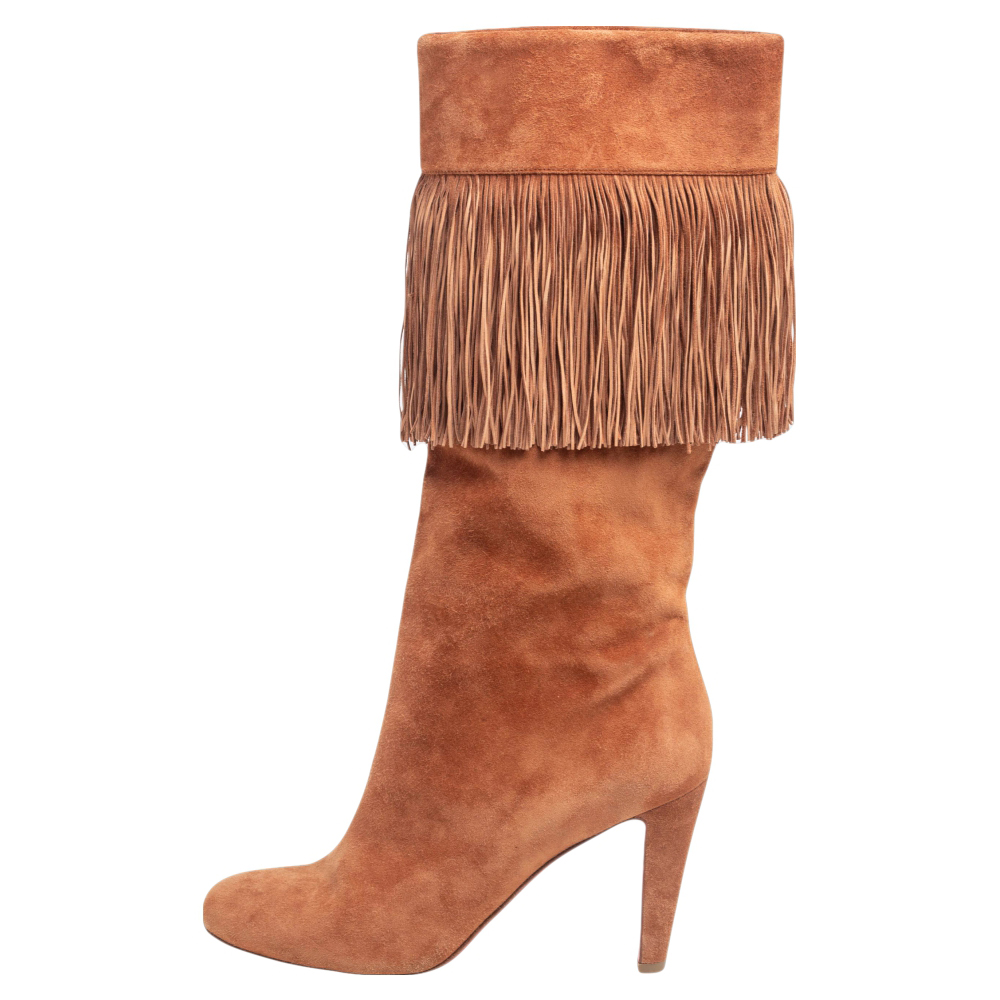 

Christian Louboutin Tan Suede Majung 85 Fringe Mid Calf Boots Size