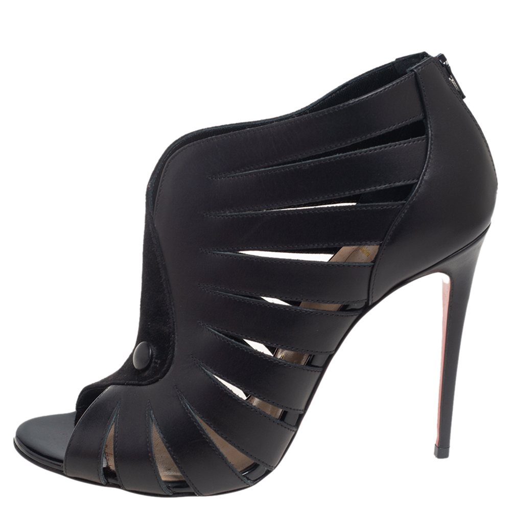 

Christian Louboutin Black Leather And Suede Cut-Out Open Toe Ankle Booties Size