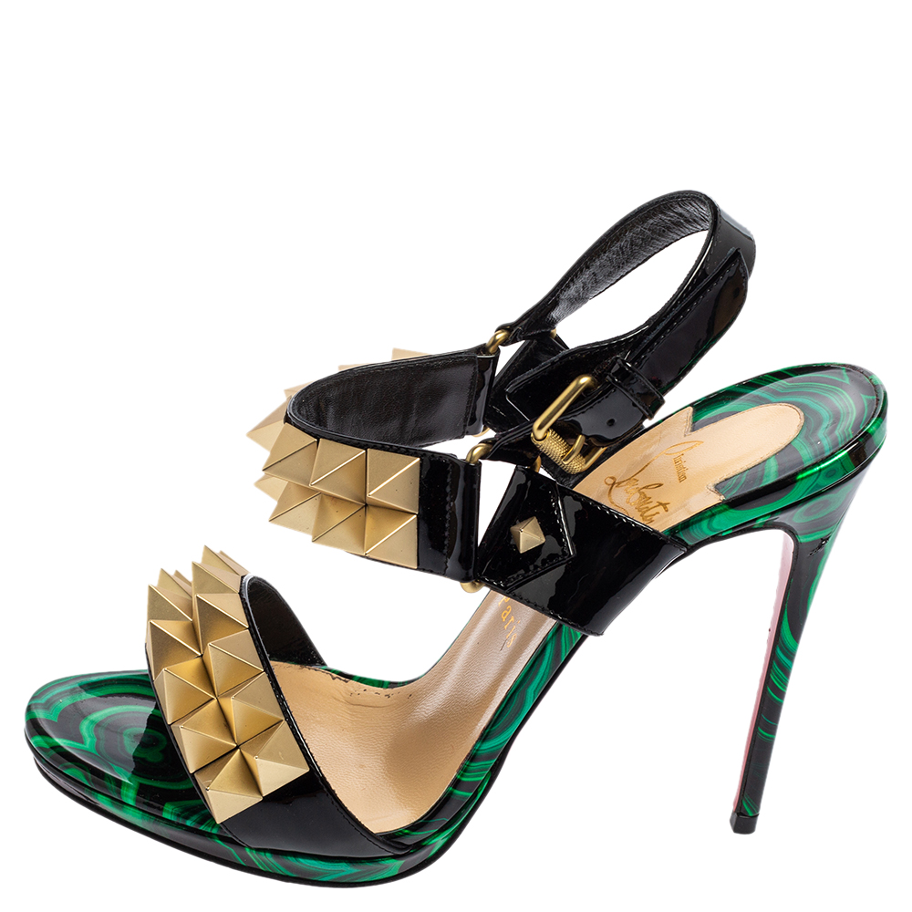 

Christian Louboutin Black/Green Patent Leather Miziggoo Spiked Ankle Strap Sandals Size