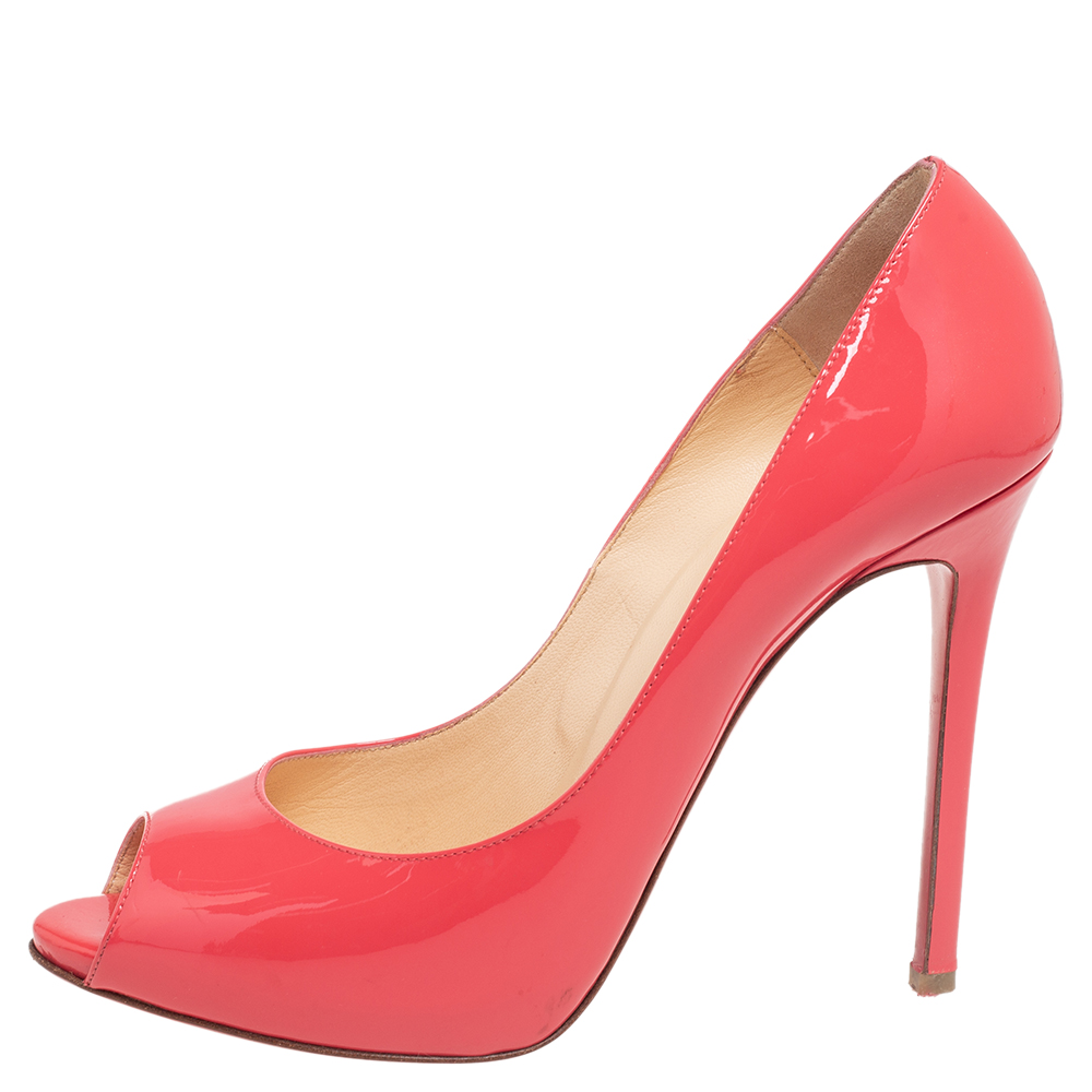 

Christian Louboutin Pink Patent Leather Very Prive Peep Toe Pumps Size