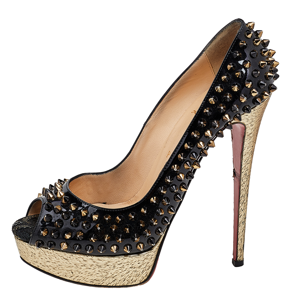 

Christian Louboutin Black Patent Leather Spiked Lady Peep Toe Platform Pumps Size