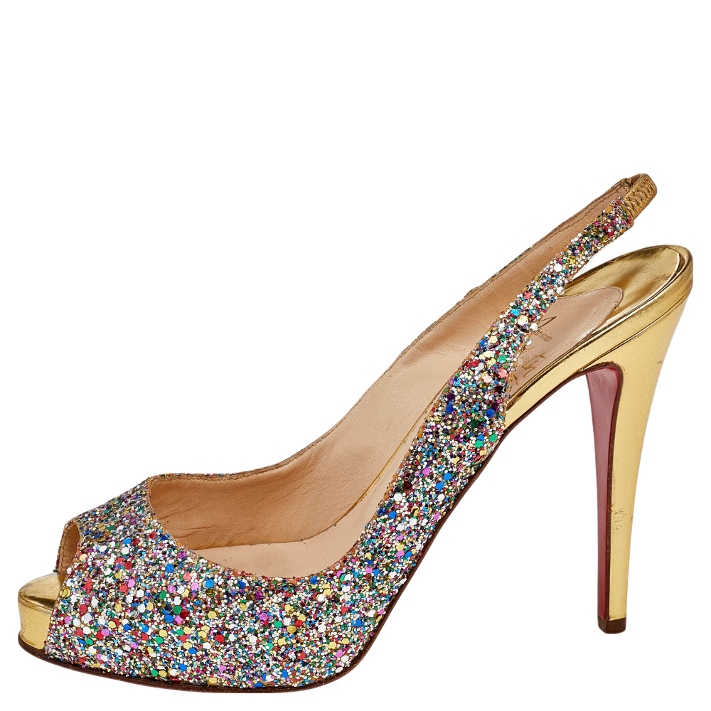 

Christian Louboutin Multicolor Glitter No Prive Slingback Sandals Size