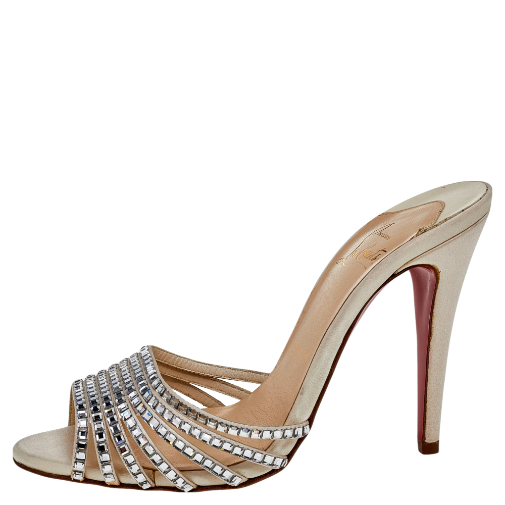 

Christian Louboutin White Satin Strass Desir Slide Sandals Size