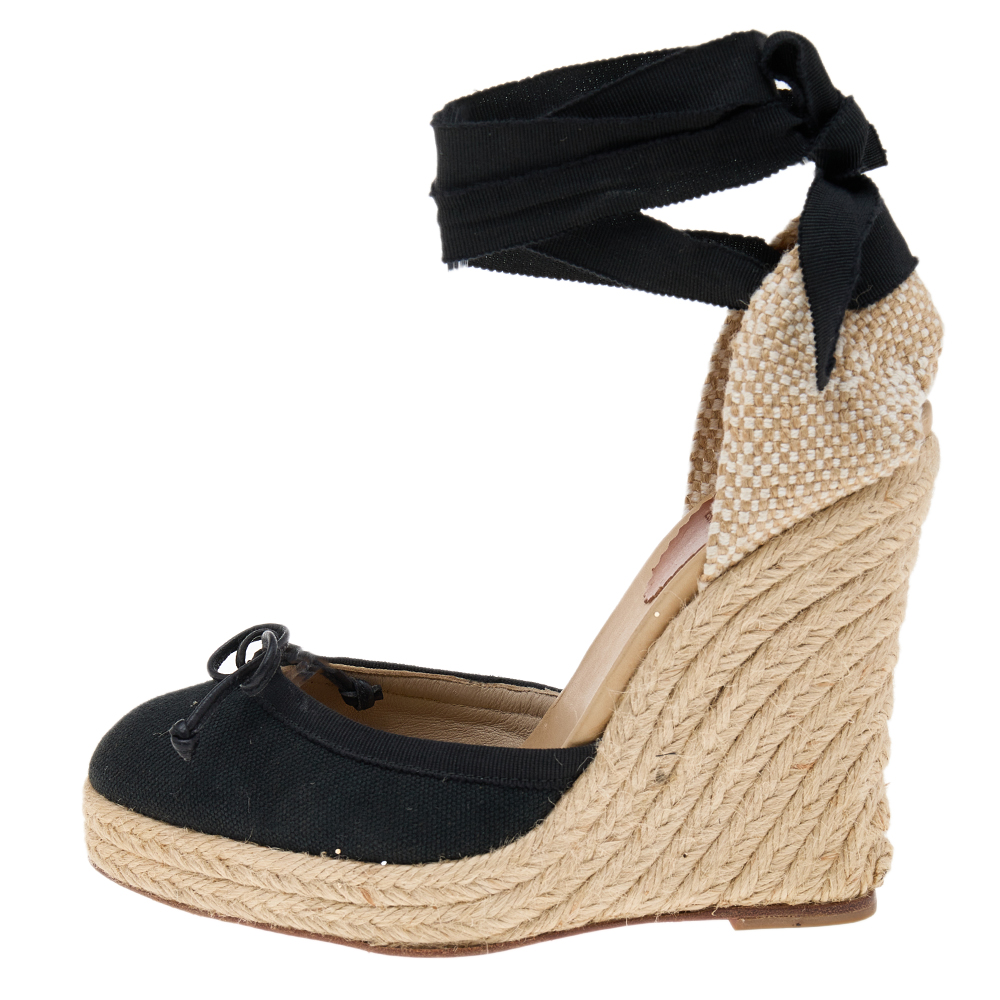 

Christian Louboutin Black/Beige Canvas And Woven Jute Carino Plato Wedge Espadrille Sandals Size