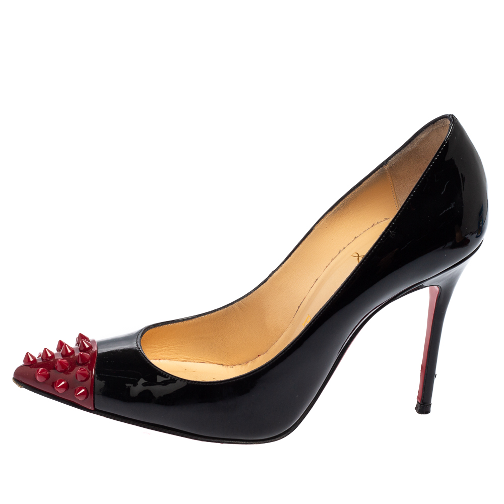

Christian Louboutin Black/Red Patent Leather Geo Spike Cap-Toe Pumps Size