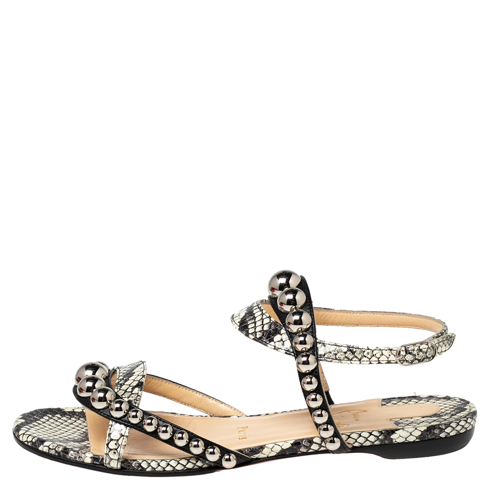 

Christian Louboutin Black/Beige Leather And Python Studded Galleria Flat Sandals Size