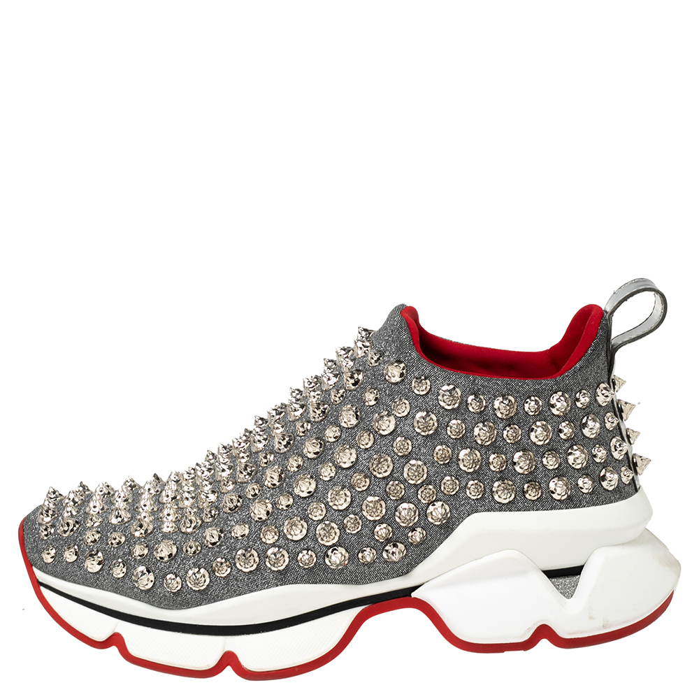 

Christian Louboutin Silver Neoprene Spike Sock Slip On Platform Sneakers Size