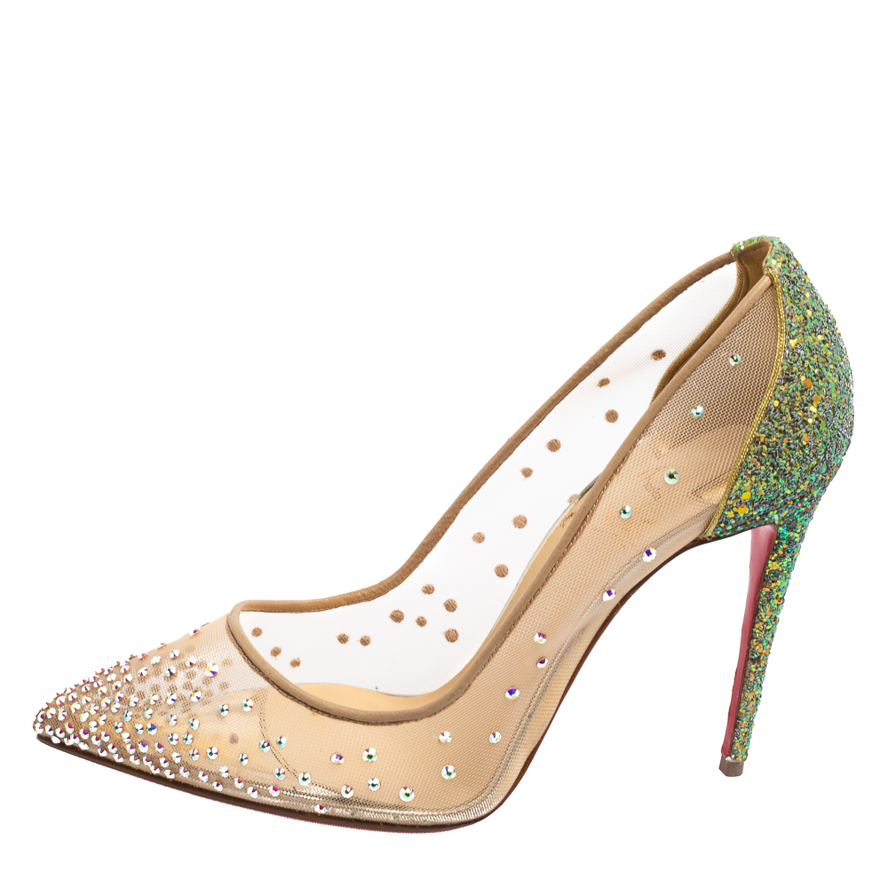 

Christian Louboutin Beige/Green Mesh and Glitter Follies Strass Pointed-Toe Pumps Size