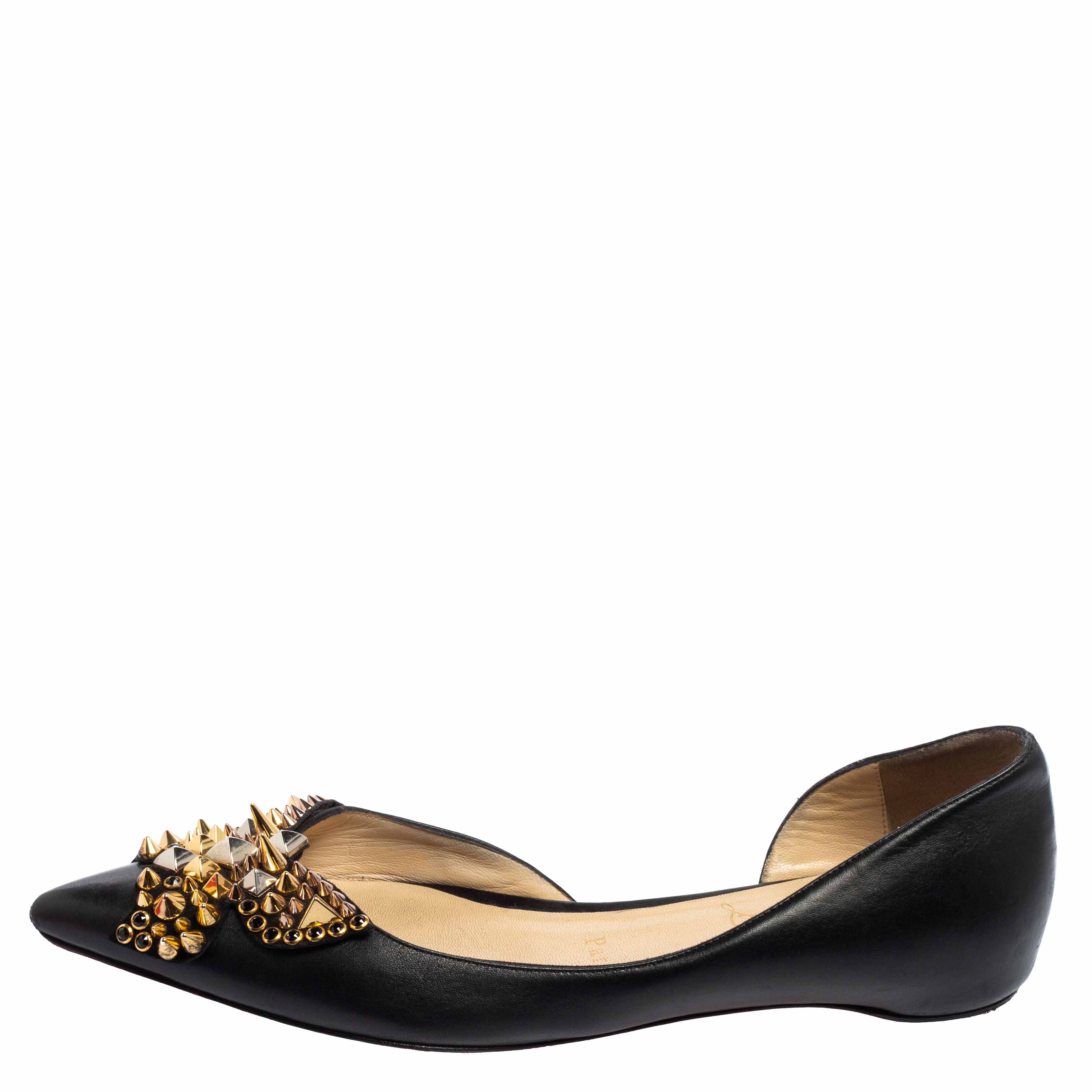 

Christian Louboutin Black Leather Farfa Spikes D'orsay Flat Pumps Size
