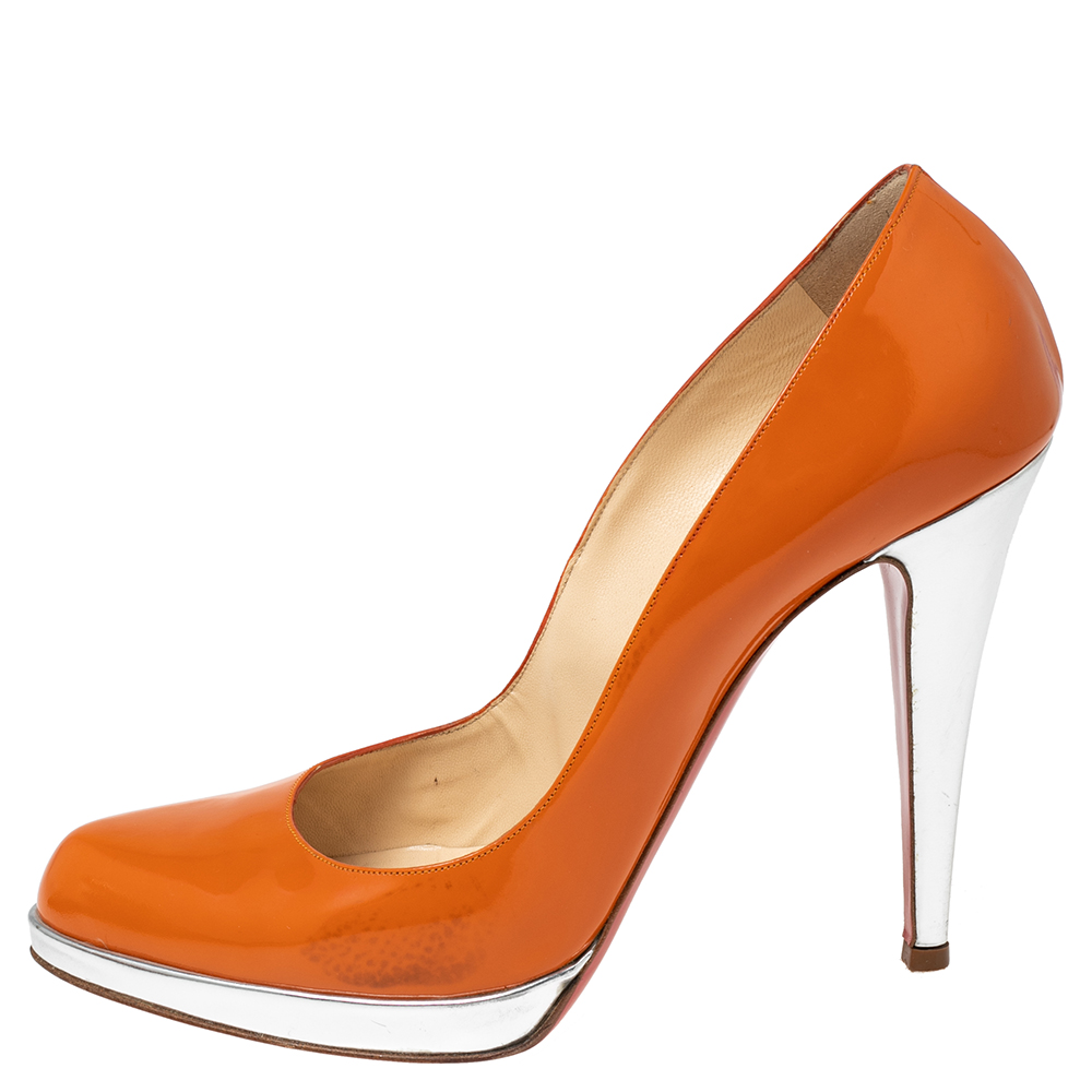 

Christian Louboutin Orange Patent Leather Decolzep Platform Pumps Size