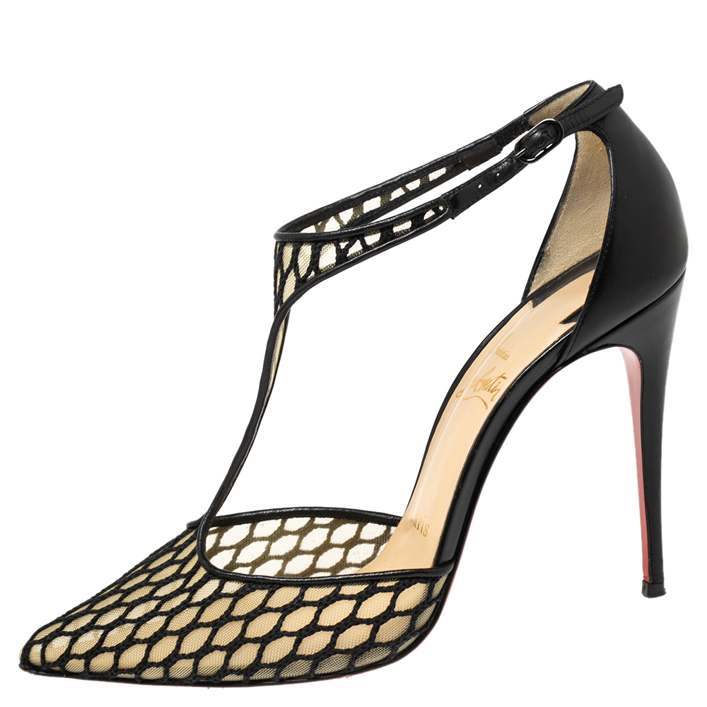 

Christian Louboutin Black Lace And Mesh Salonu Pointed Toe T Strap Sandals Size